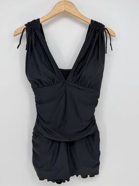 Mazu Grecian Skater Ruched Swimdress Black 12 Resort Minimal Tummy Slimming